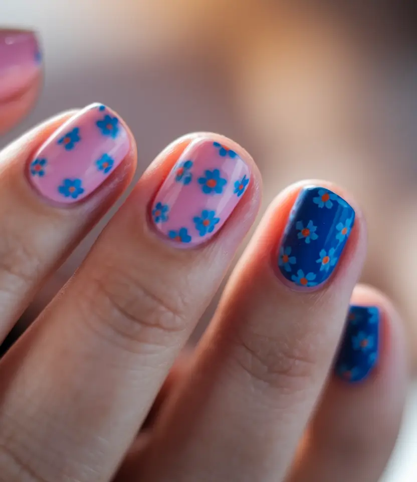 round summer nails Bubble Pop Floral on Sheer Pink