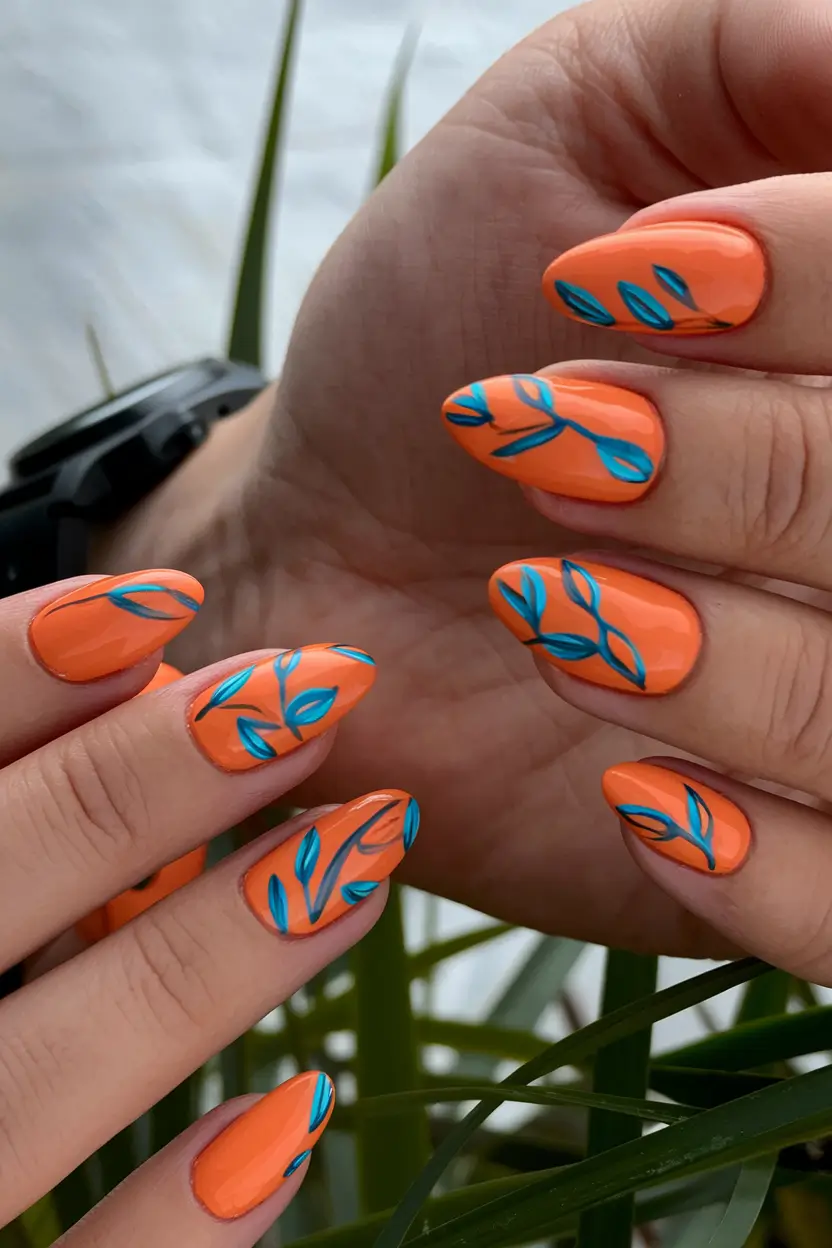 round summer nails Tangerine Dreams With Electric Blue Leaf Art