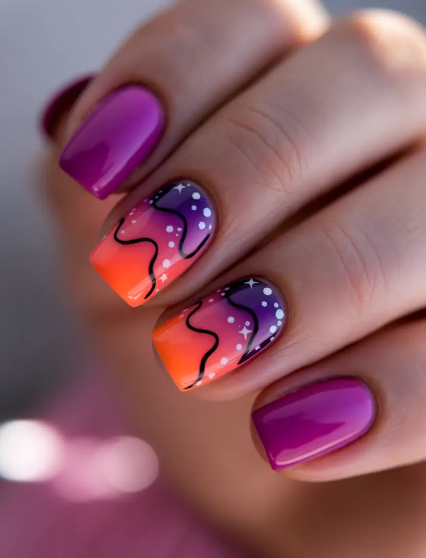 short acrylic nails summer designs sunset ombre swirls