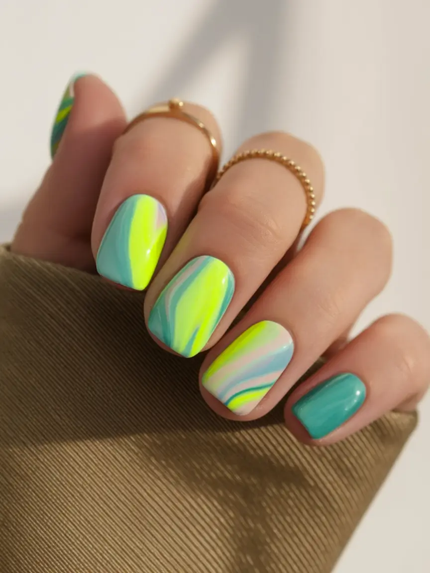 short acrylic nails summer blue marble swirl