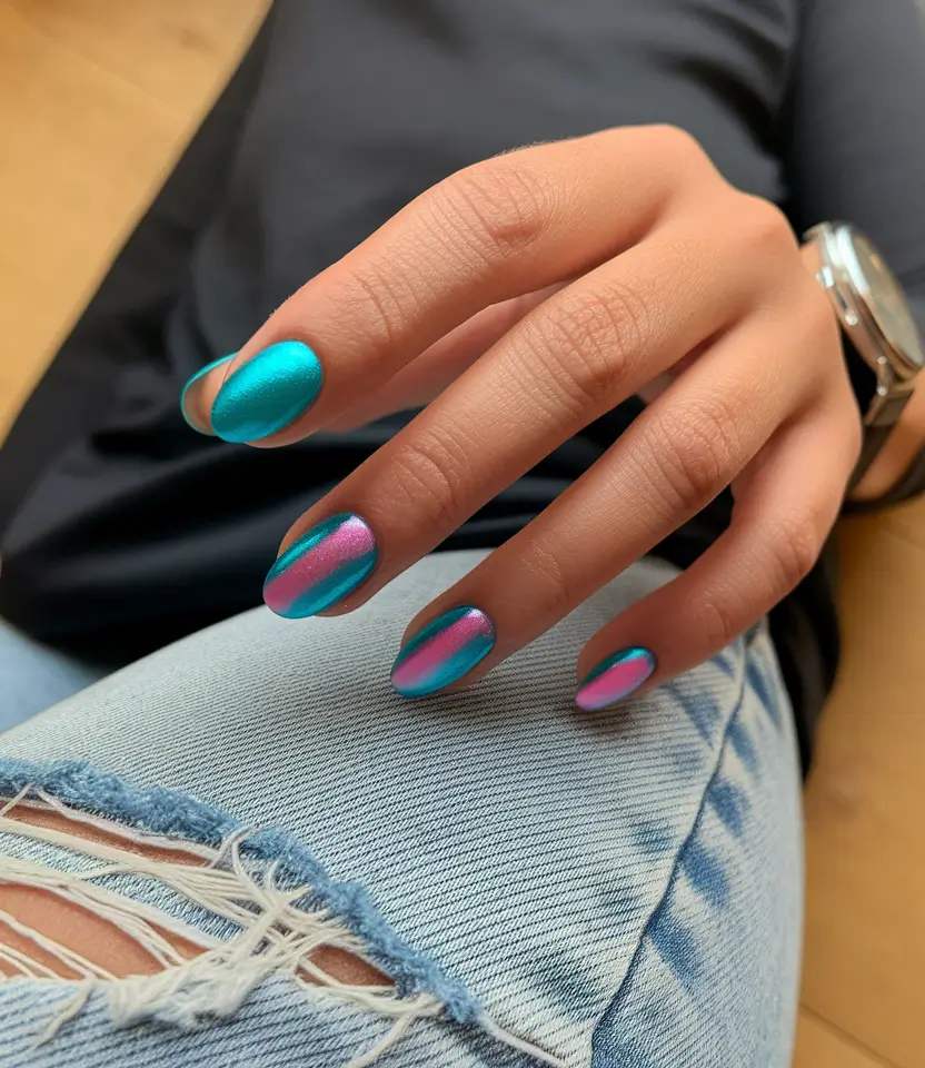 short acrylic nails summer almond metallic blue pink