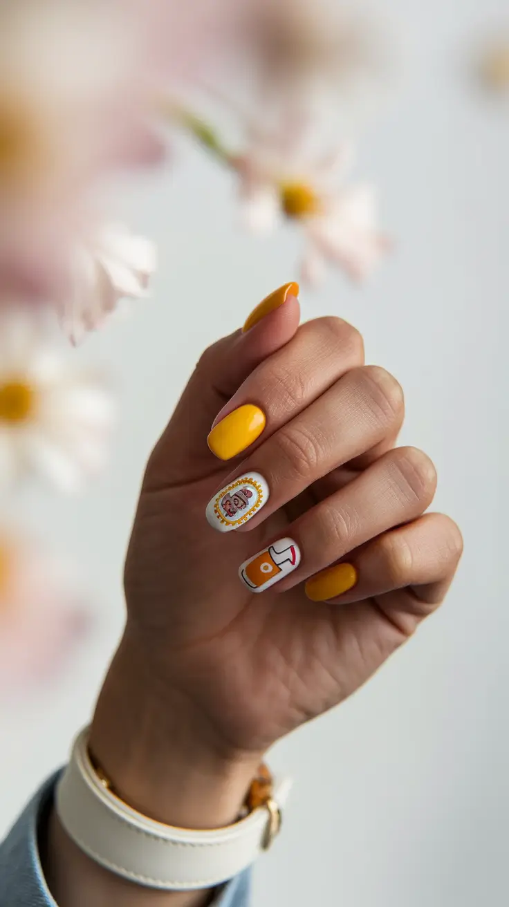 short acrylic nails summer designs yellow stickers