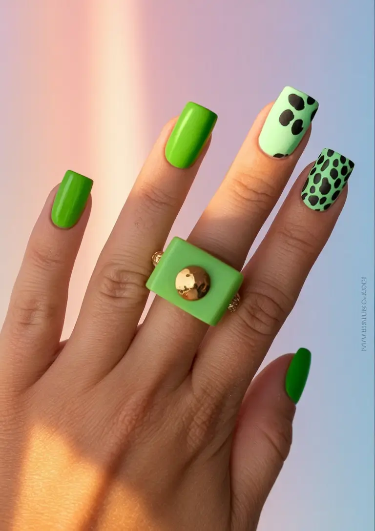 short acrylic nails summer square neon green leopard