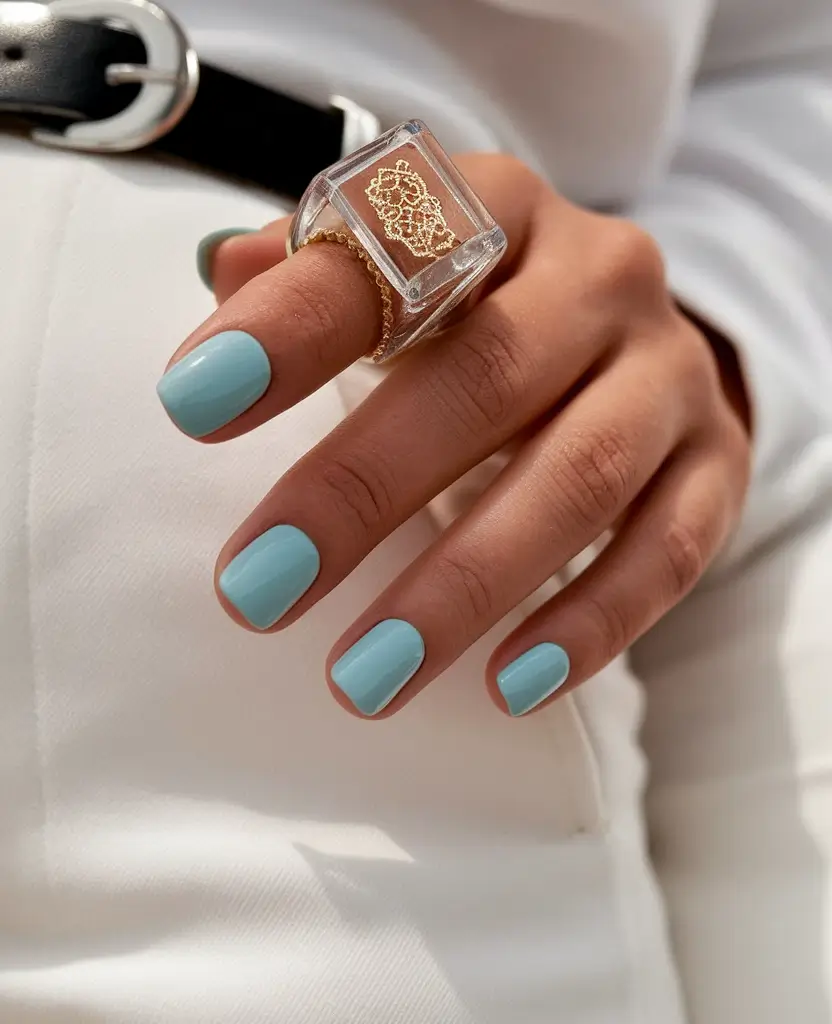 short acrylic nails summer blue powder minimalism