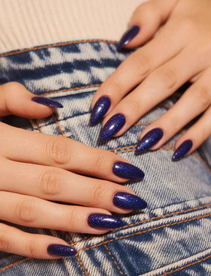 short acrylic nails summer almond midnight glitter