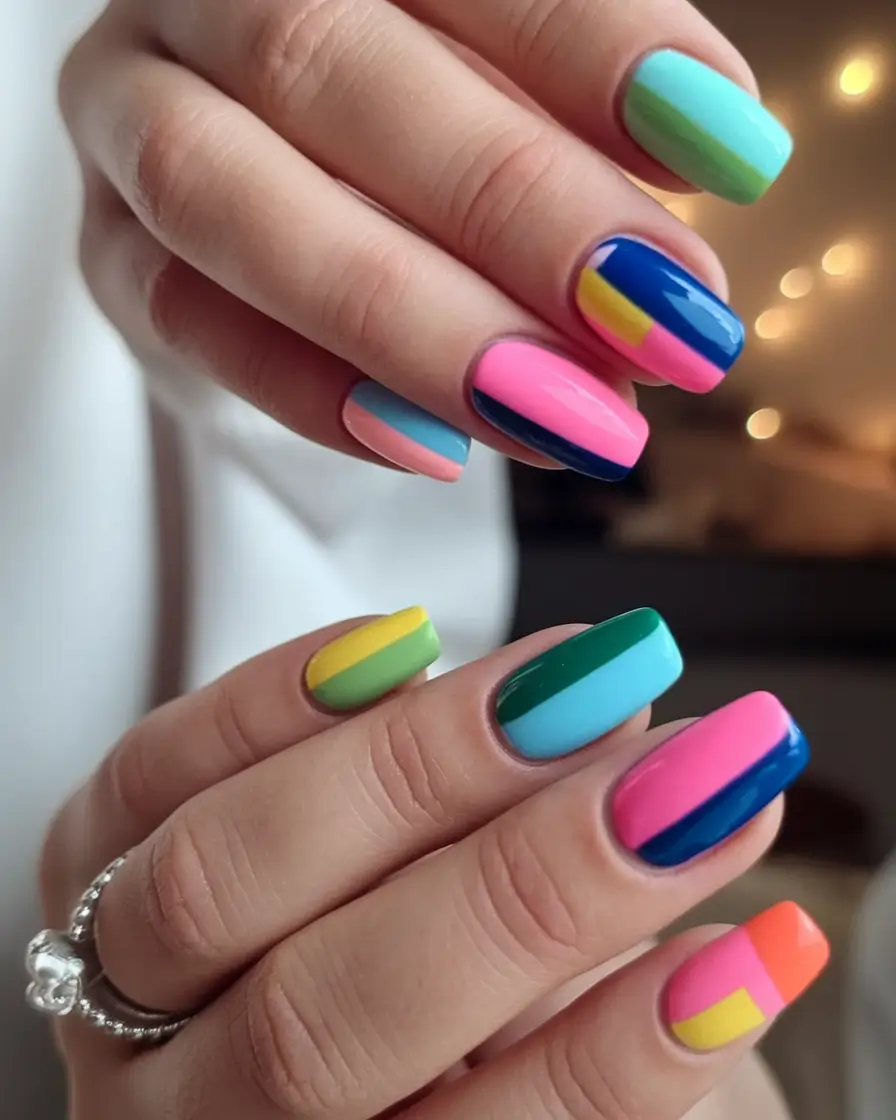 short acrylic nails summer square color block