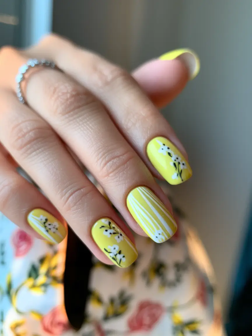 short acrylic nails summer flower yellow