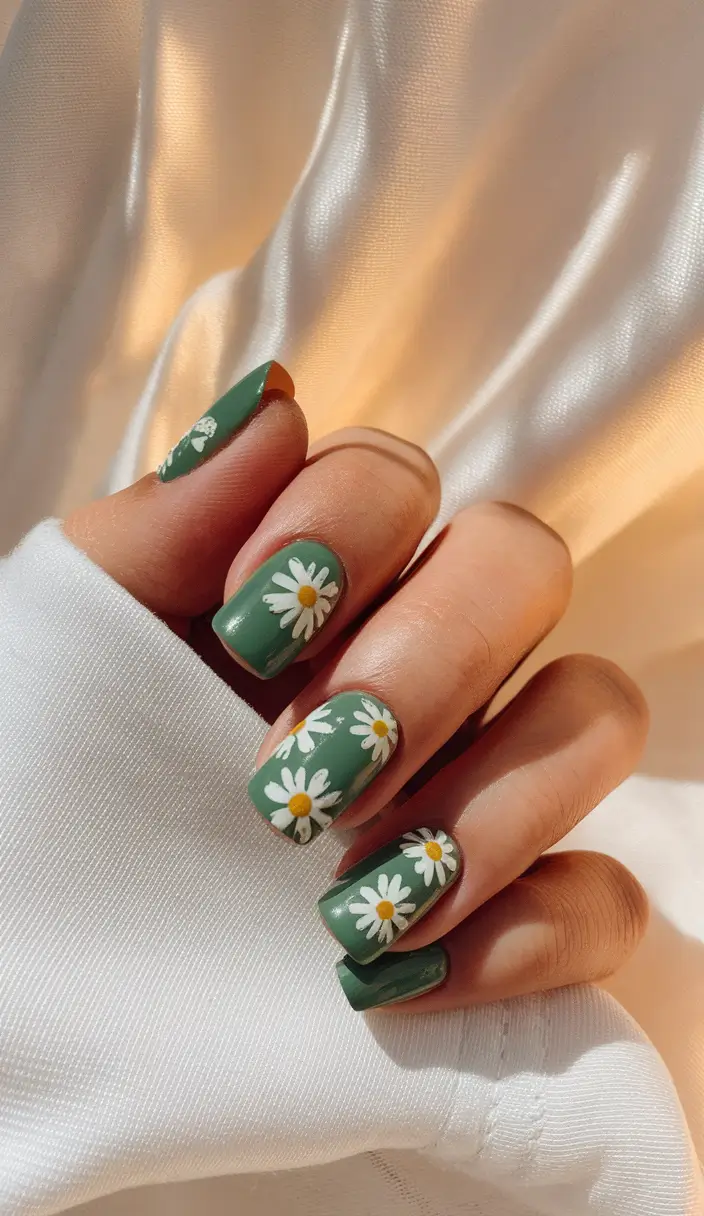 short acrylic nails summer flower green