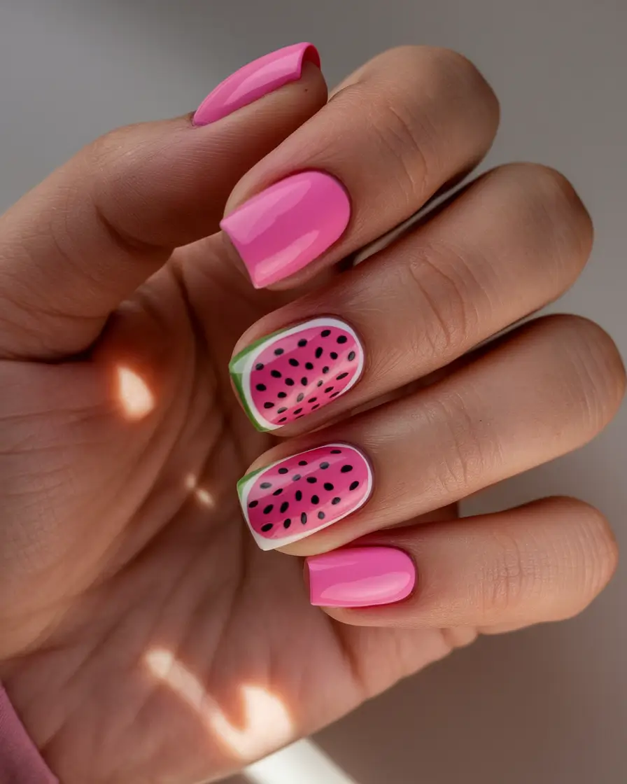 short acrylic nails summer square watermelon sugar