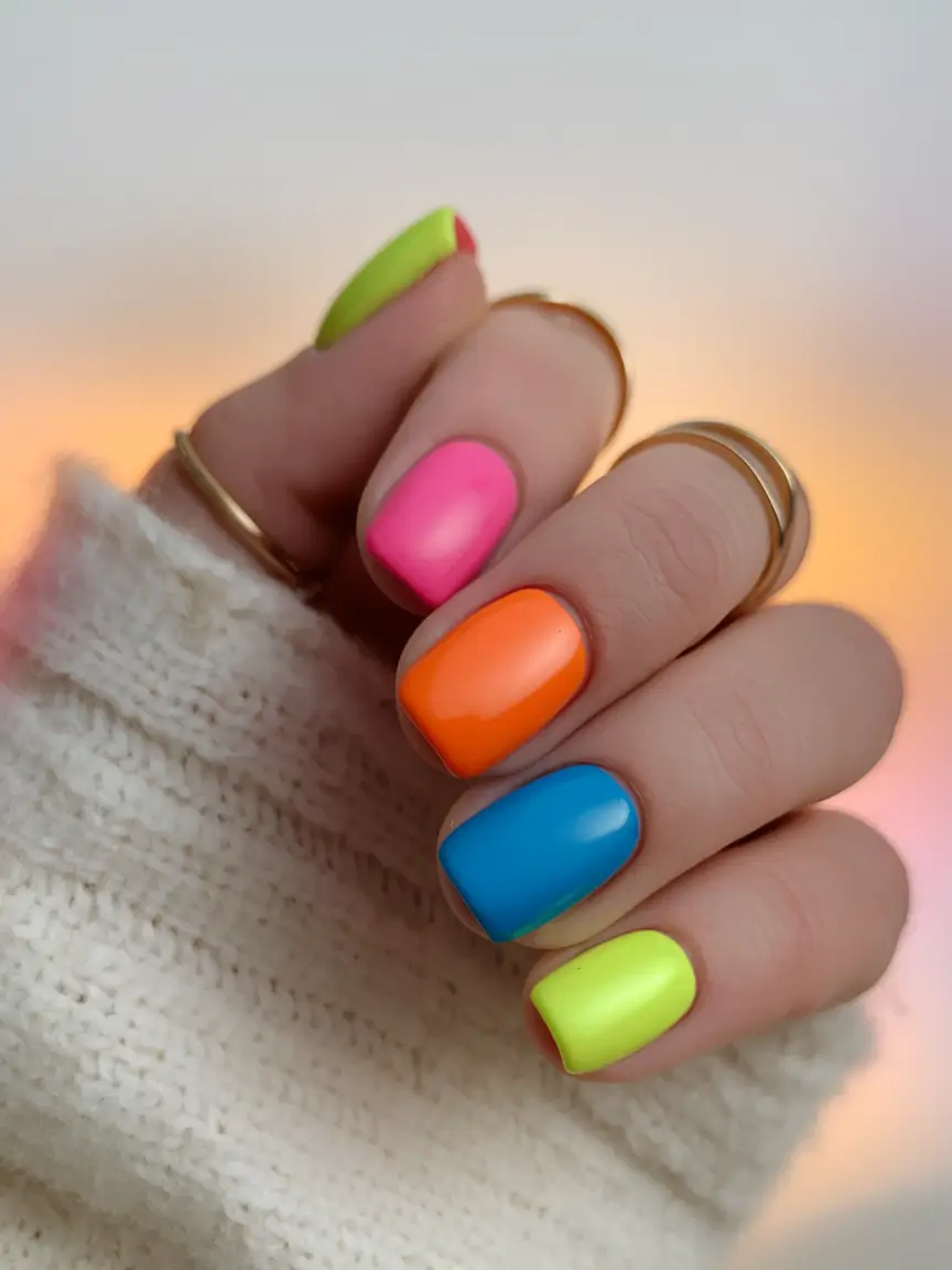 short acrylic nails summer colors electric neon mix