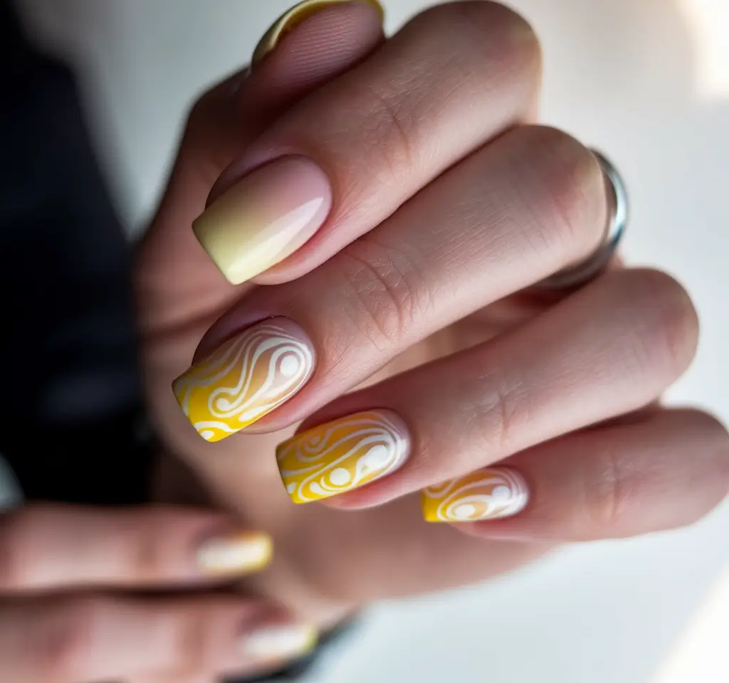 short acrylic nails summer french tip lemon swirl