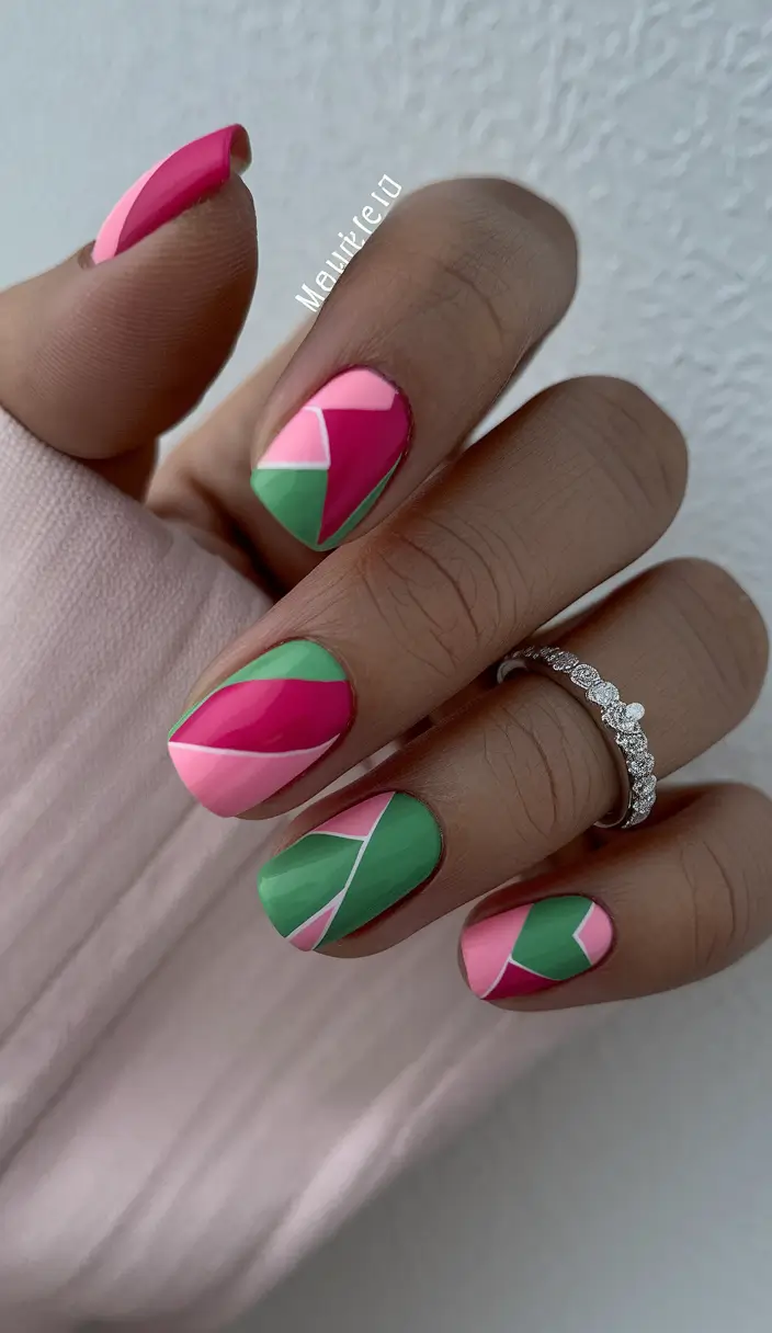 Short Nail Inspo for Summer 2025 Geo Pink & Green Mashup