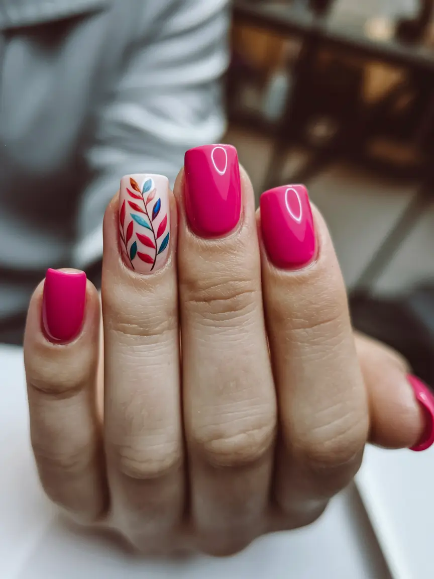 Short Nail Inspo for Summer 2025 Magenta With Leafy Accent