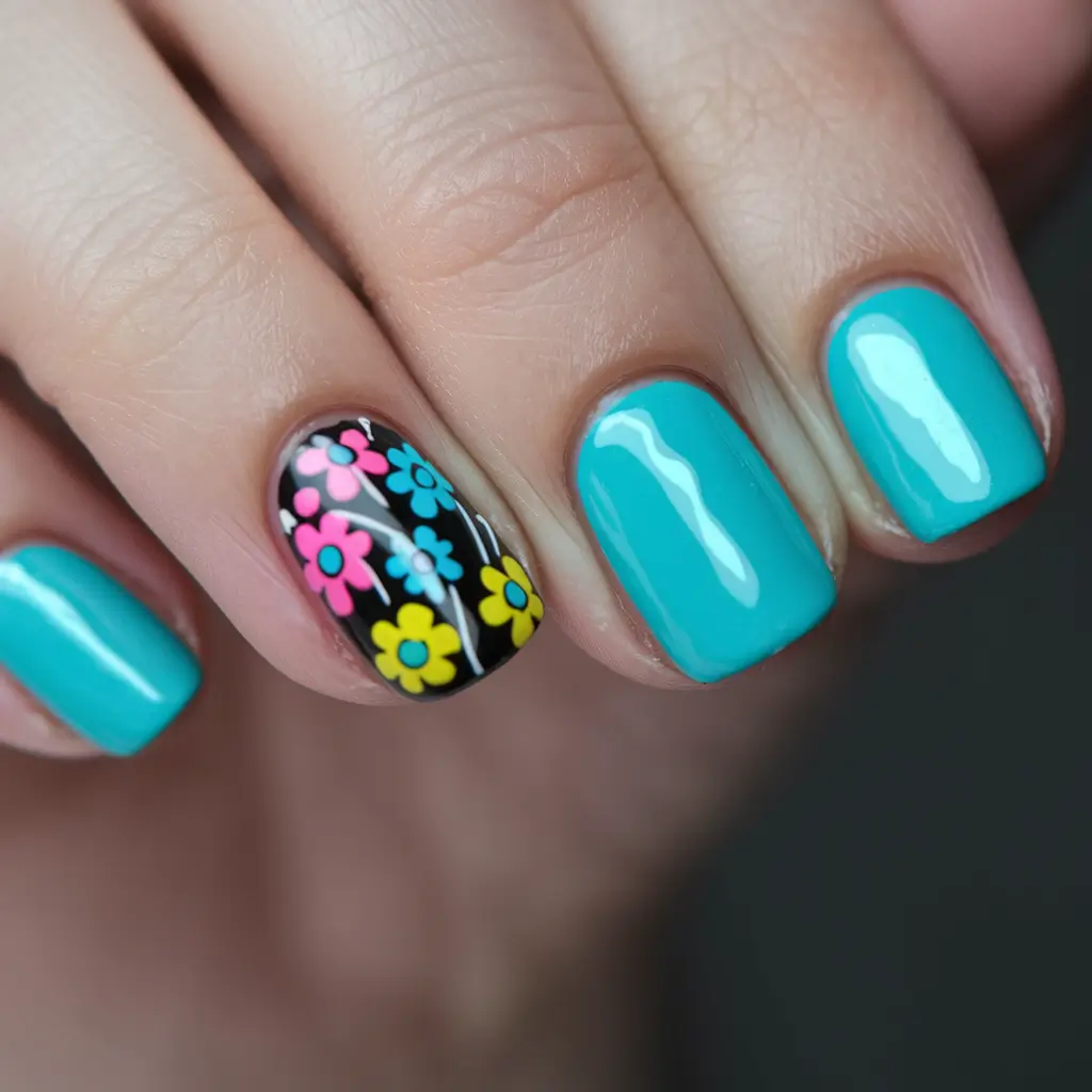 Short Nail Inspo for Summer 2025 Pop Floral on Blue