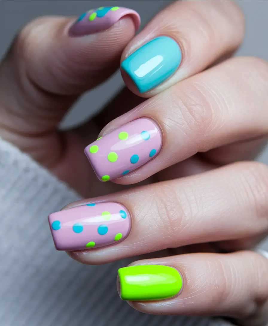 Short Nail Inspo for Summer 2025 Neon Dot Confetti