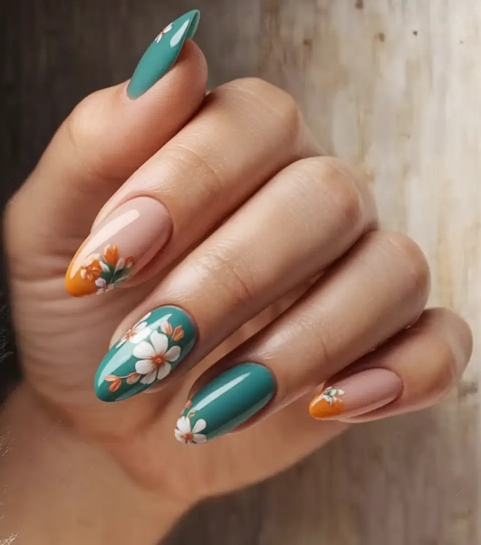 simple summer nails Garden Party Almonds in Teal and Tangerine