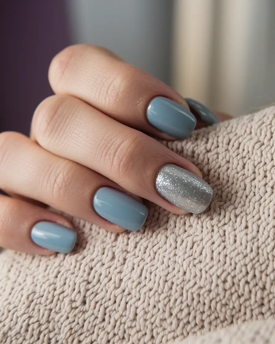 simple summer nails Silver Accent on Dusty Blue Calm