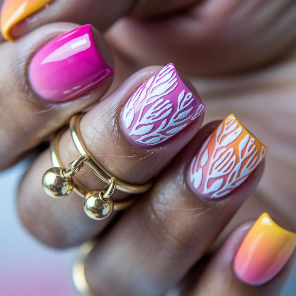 simple summer nails Neon Coral Bloom with Tropical Gradient