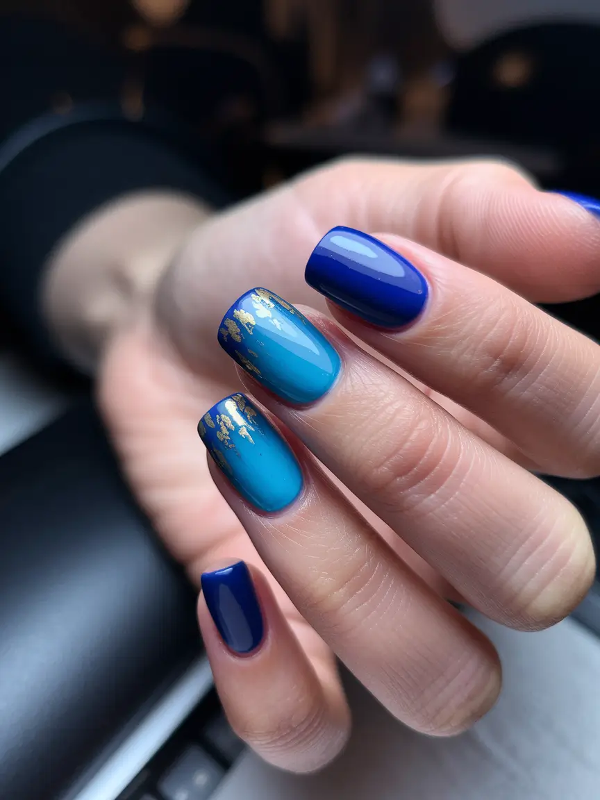 simple summer nails Indigo Meets Ocean with Gold Dust Tips