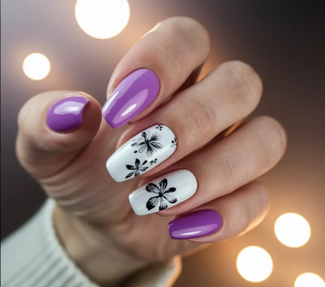 simple summer nails Floral Noir on Lavender-White Fusion
