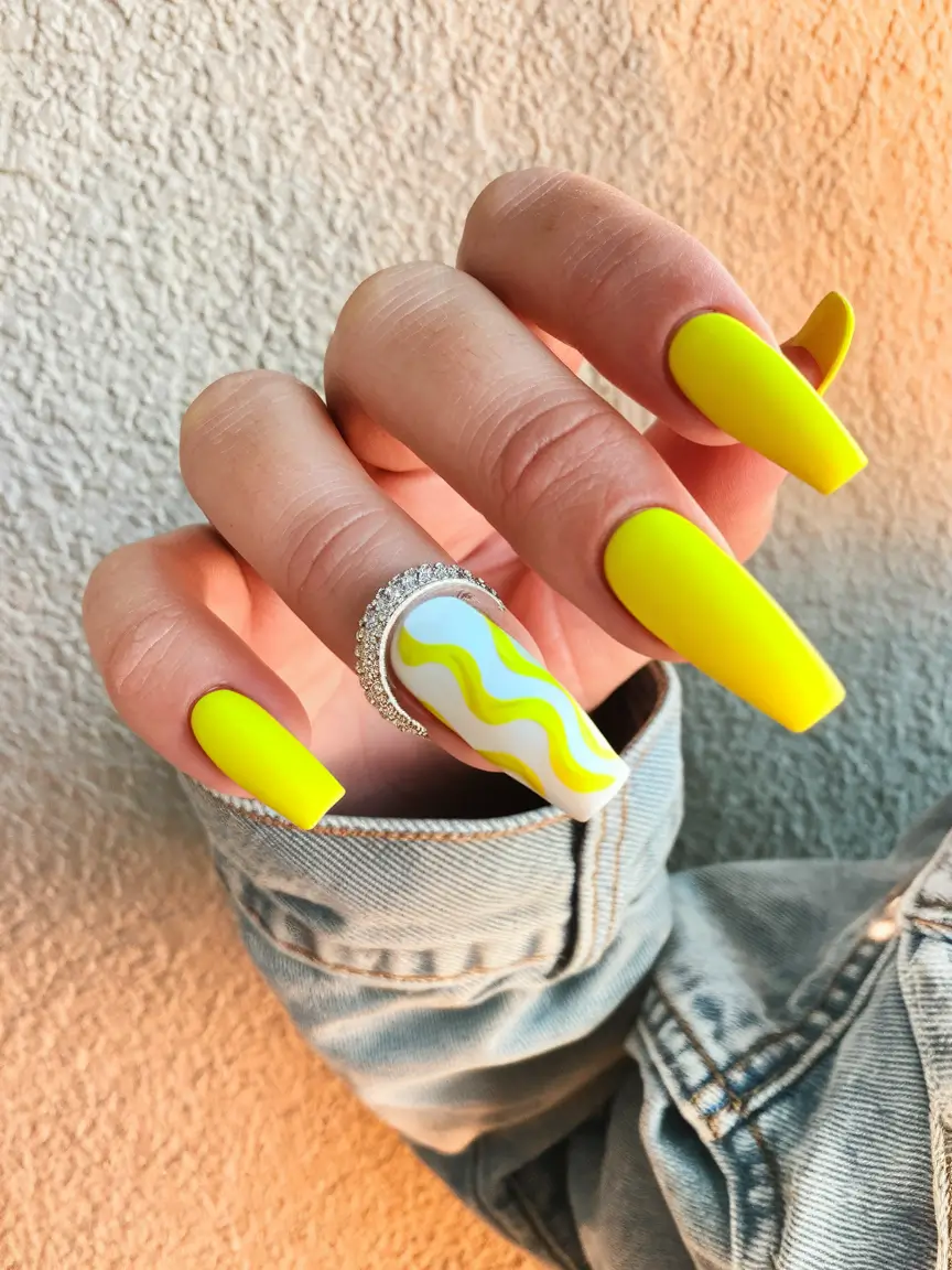 simple summer nails Lemon-Lime Neon with Funky Wavy Accent