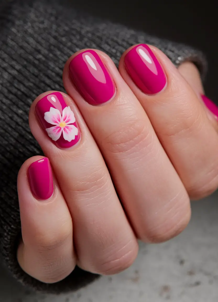 simple summer nails Fuchsia Bloom with Single Flower Detail