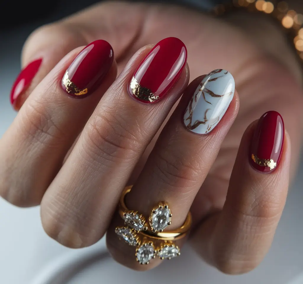 simple summer nails Marble & Gold Luxe in Deep Red