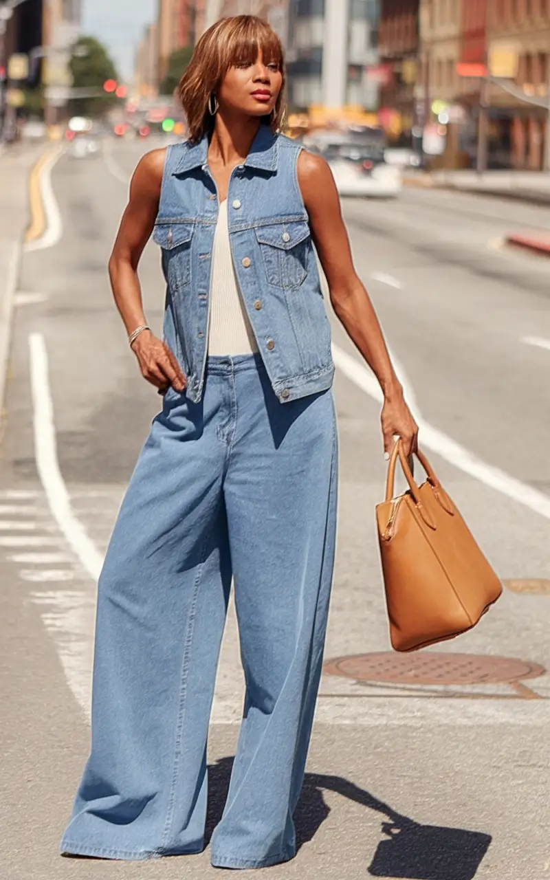 summer to fall transition outfits Denim on Denim, the Fall-Forward Power Move