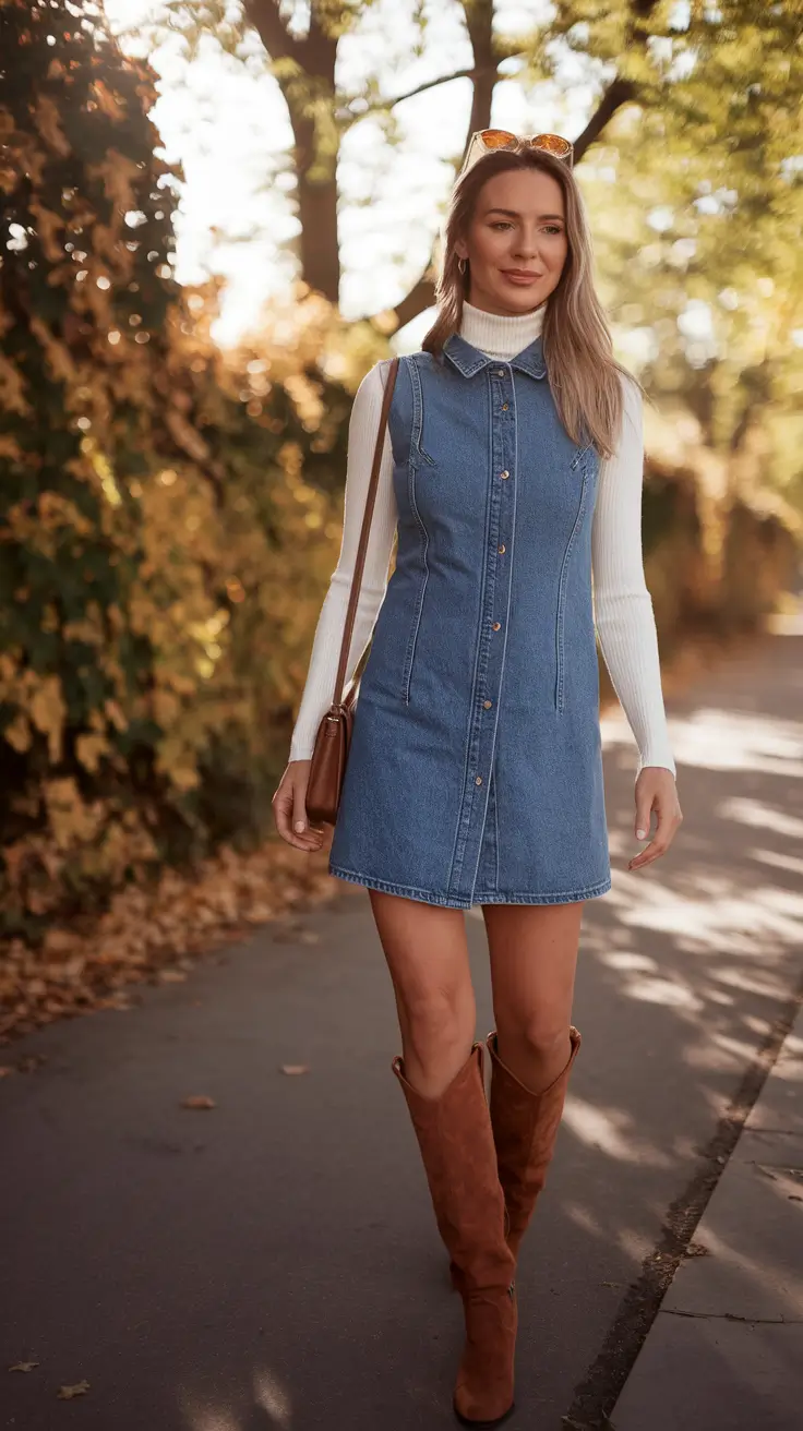 summer to fall transition outfits Denim Dress and Turtleneck: The Perfect Fall Fusion
