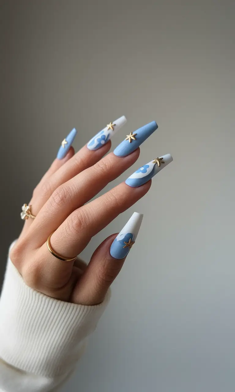 Top Nail Colors for Summer 2025 Starlit Sky with Retro Blue Blooms
