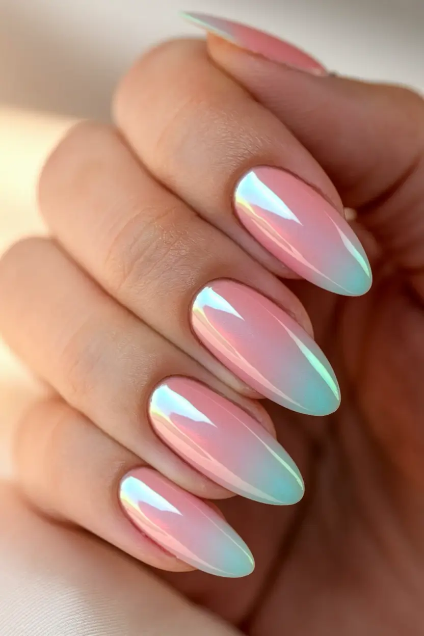 Top Nail Colors for Summer 2025 Iridescent Shell-Pink Glow