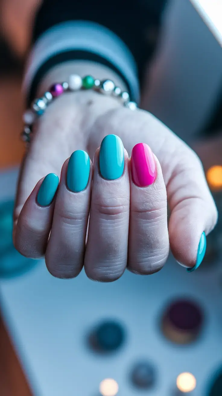 Top Nail Colors for Summer 2025 Tropical Teal with a Pop of Raspberry