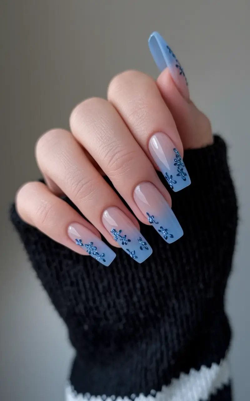 Top Nail Colors for Summer 2025 Baby Blue Blossoms on Milky Base