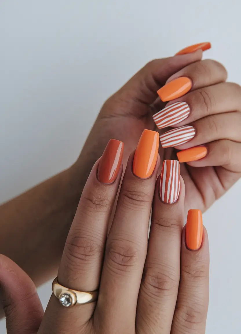 Top Nail Colors for Summer 2025 Orange Creamsicle with a Stripe Twist