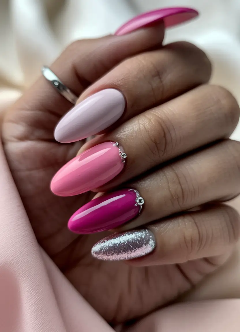 Top Nail Colors for Summer 2025 Shimmered Pink Gradient with a Rhinestone Crown