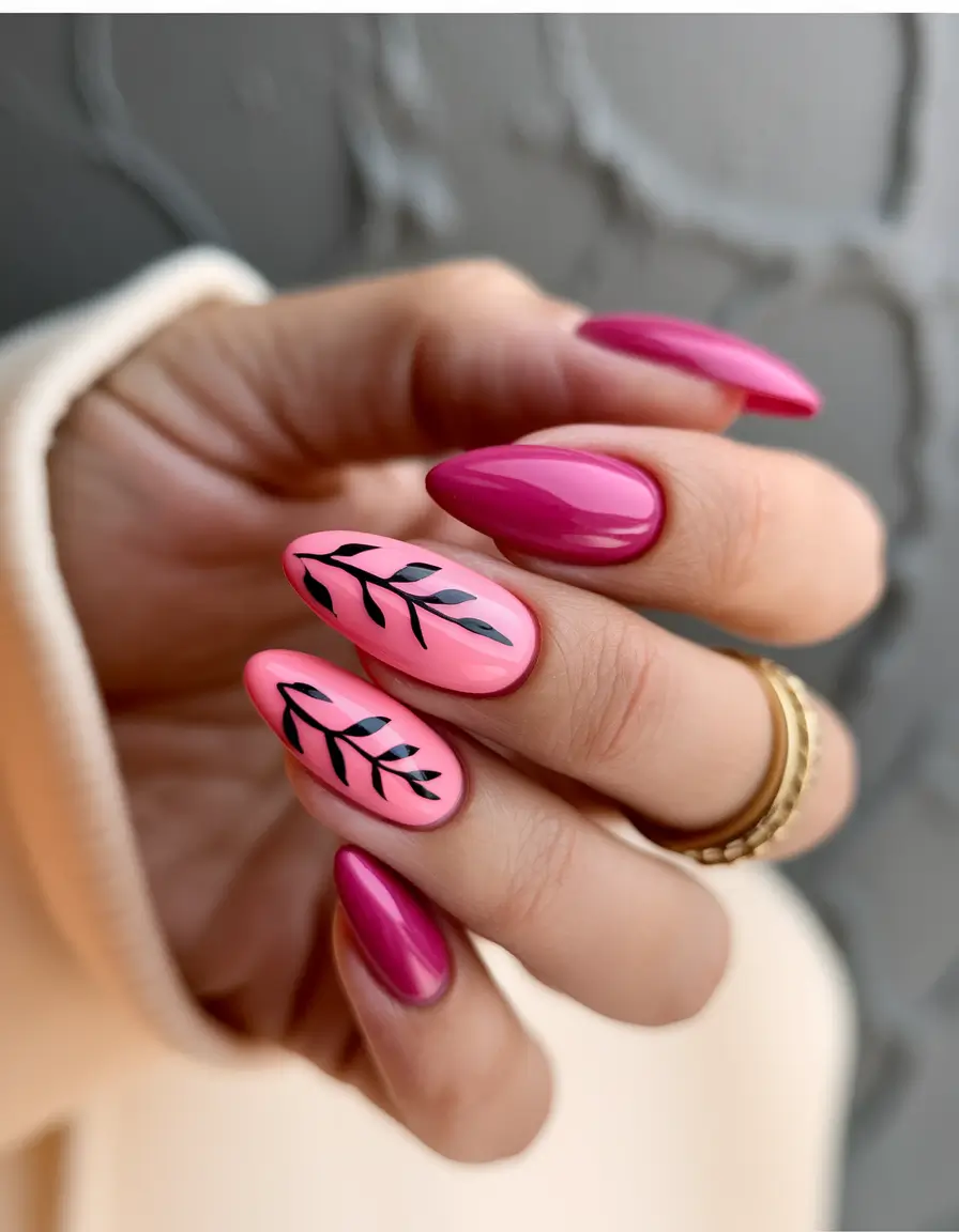 Leaf accent tropical nails 2025 pink paradise