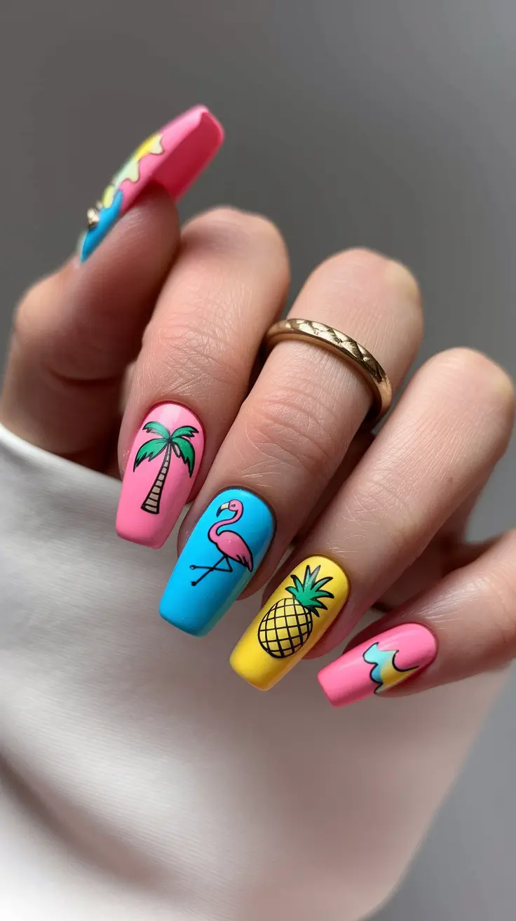 Tropical cartoon nails 2025 flamingo pineapple