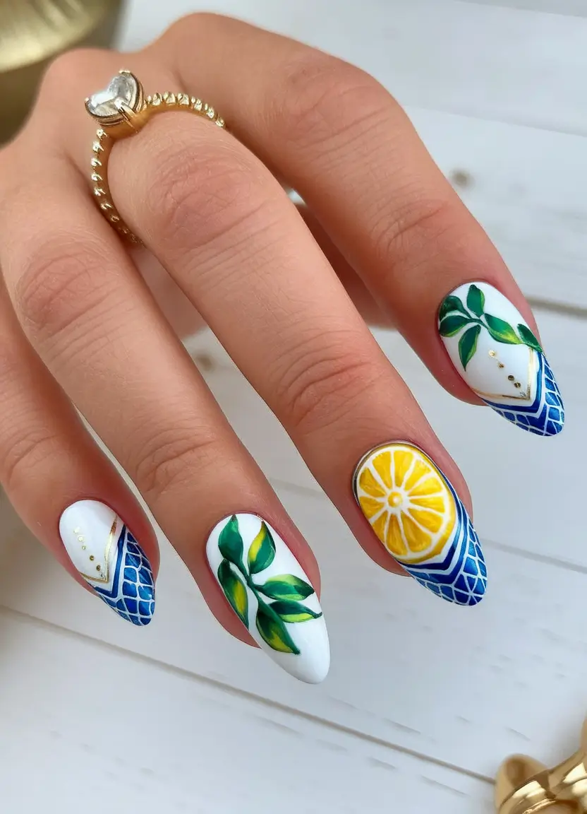 Cutest Summer Nails for 2025 Lemon Garden Escape in Santorini Whites