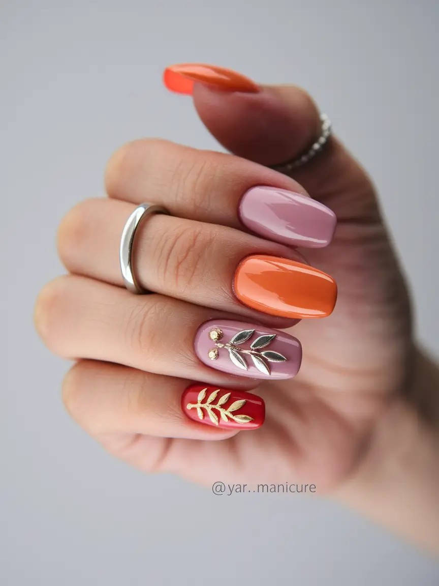 Cutest Summer Nails for 2025 Warm Sunset Gradient with Gold Leaf Accents