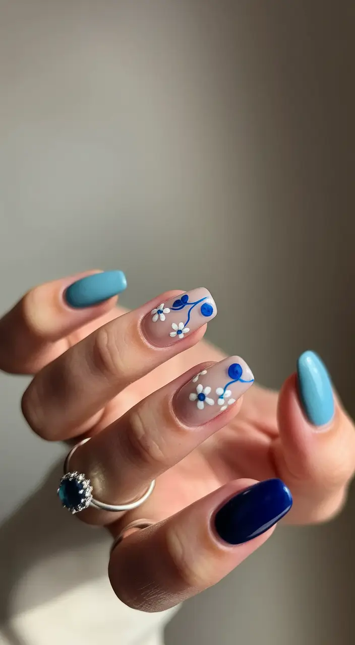 Cutest Summer Nails for 2025 Minimalist Florals with a Splash of Cool Blues