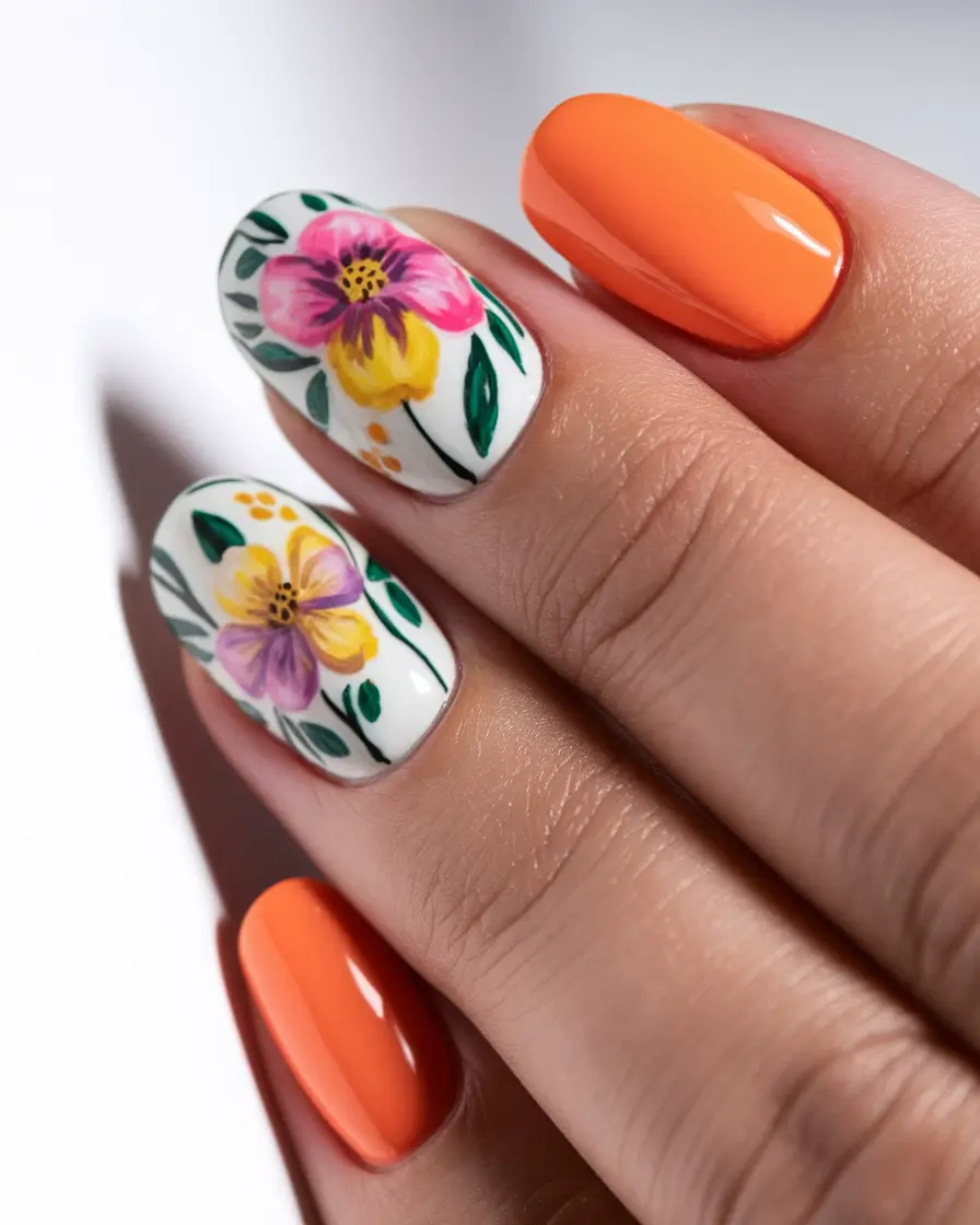 Cutest Summer Nails for 2025 Floral Bloom in Citrus and Coral