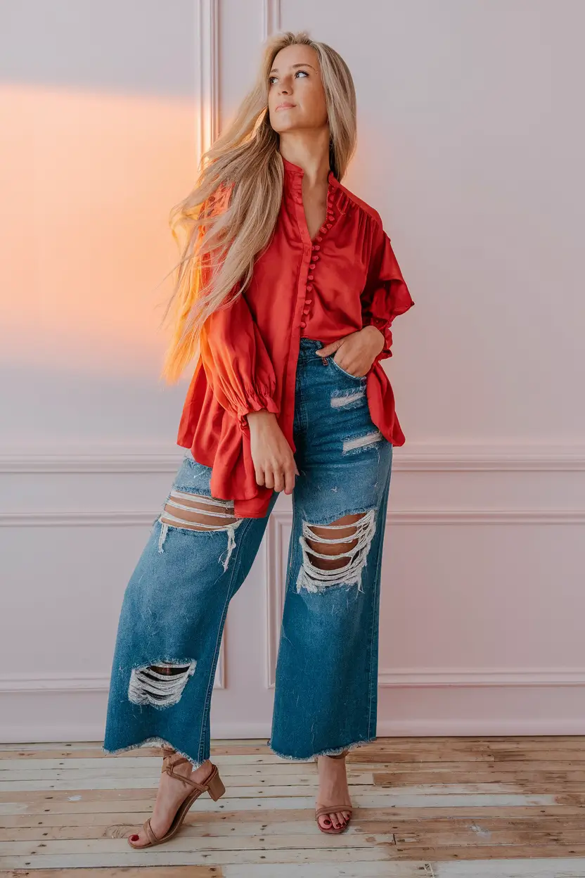 end of summer outfits going out Statement Red and Distressed Denim Drama