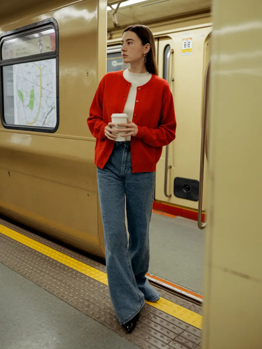 cozy fall outfits aesthetic Red Cardigan & Metro Vibes