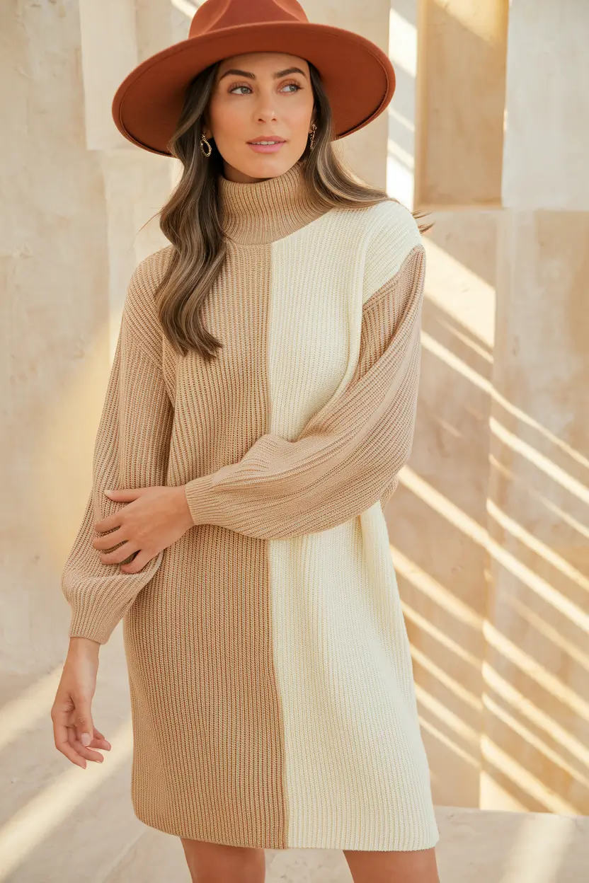 cozy fall outfits aesthetic vintage Two-Tone Knit Dress & Cinnamon Spice