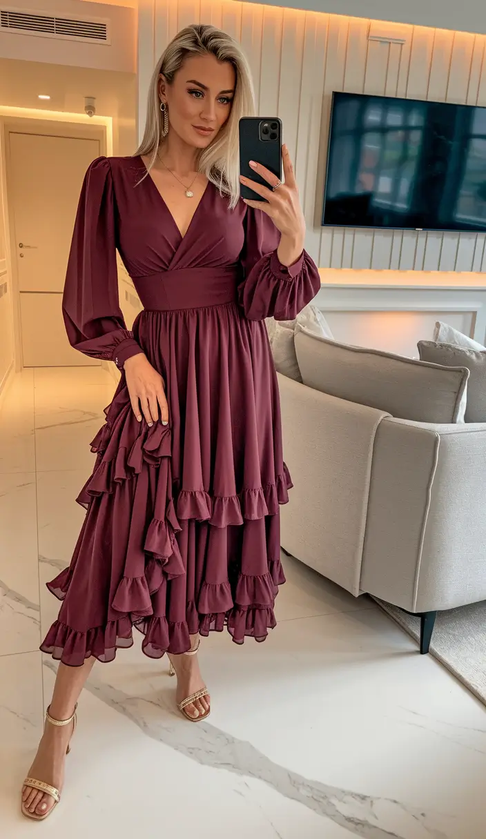2025 Fall Casual Looks and Outfits Ideas Romantic Drama in Burgundy Ruffles