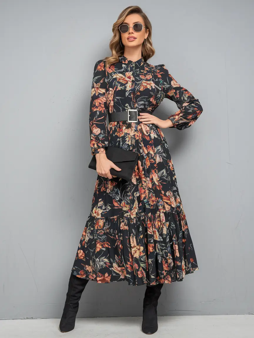 2025 Fall Casual Looks and Outfits Ideas Bold Florals with Black Accessories