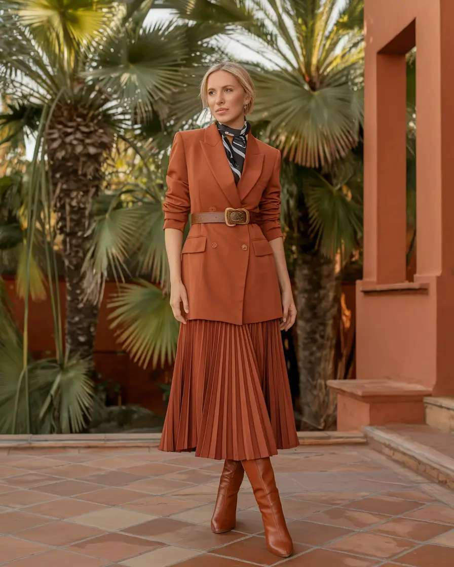 2025 Fall Casual Looks and Outfits Ideas Pleated Rust Suiting and High Polish