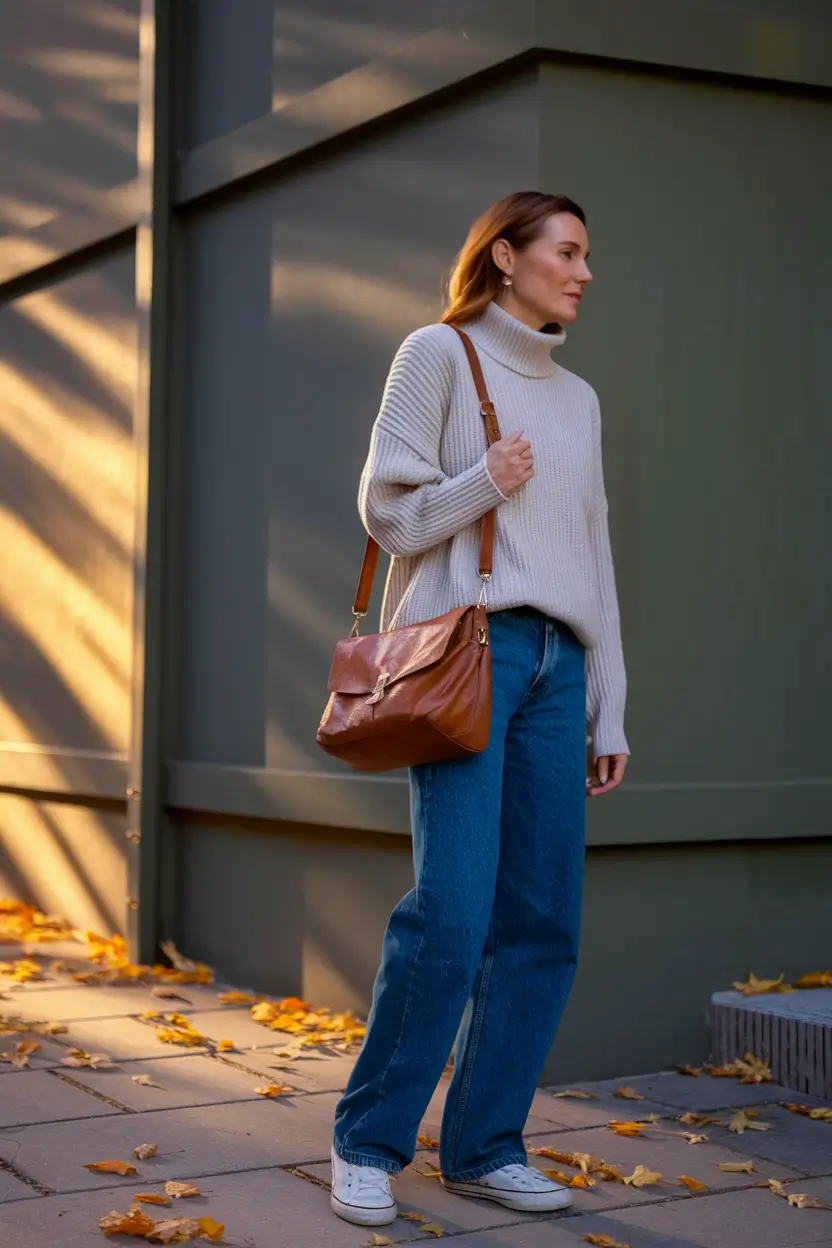 2025 Fall Casual Looks and outfits Ideas Chunky Knit and Blue Jeans for Transitional Ease