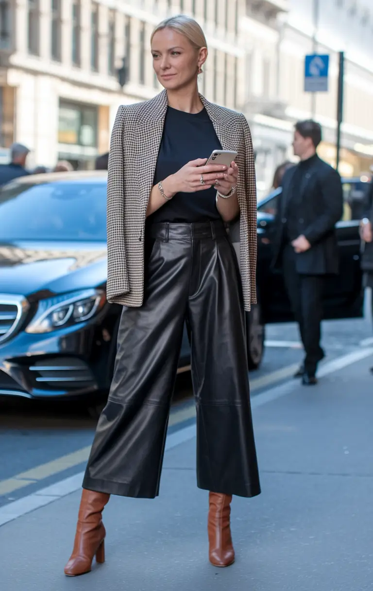 2025 Fall Casual Looks and outfits Ideas Urban Luxe with Leather Culottes and Power Blazer