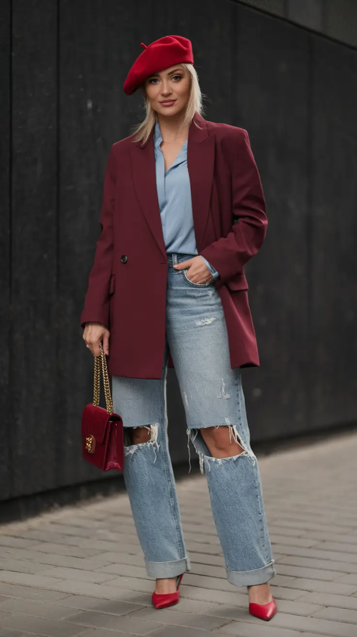 2025 Fall Casual Looks and outfits Ideas Parisian Drama in Bordeaux and Denim